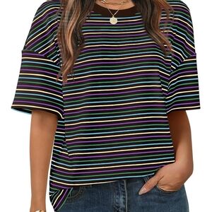 Black Striped Short Sleeve Tee with Multicolor Stripes